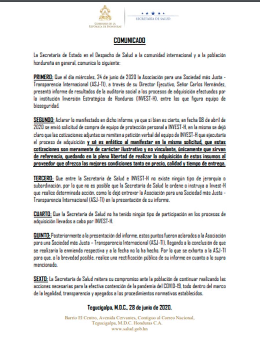 Salud aclara puntos de informe de ASJ sobre gestión de Invest-H