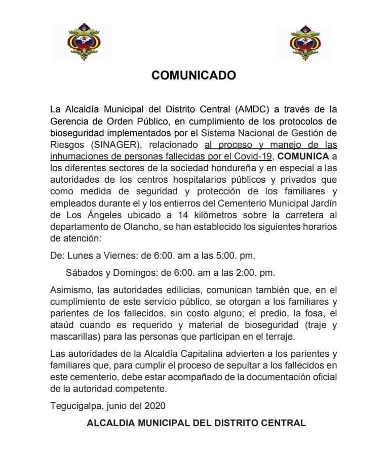 AMDC establece horarios y medidas para entierro de personas fallecidas por COVID-19