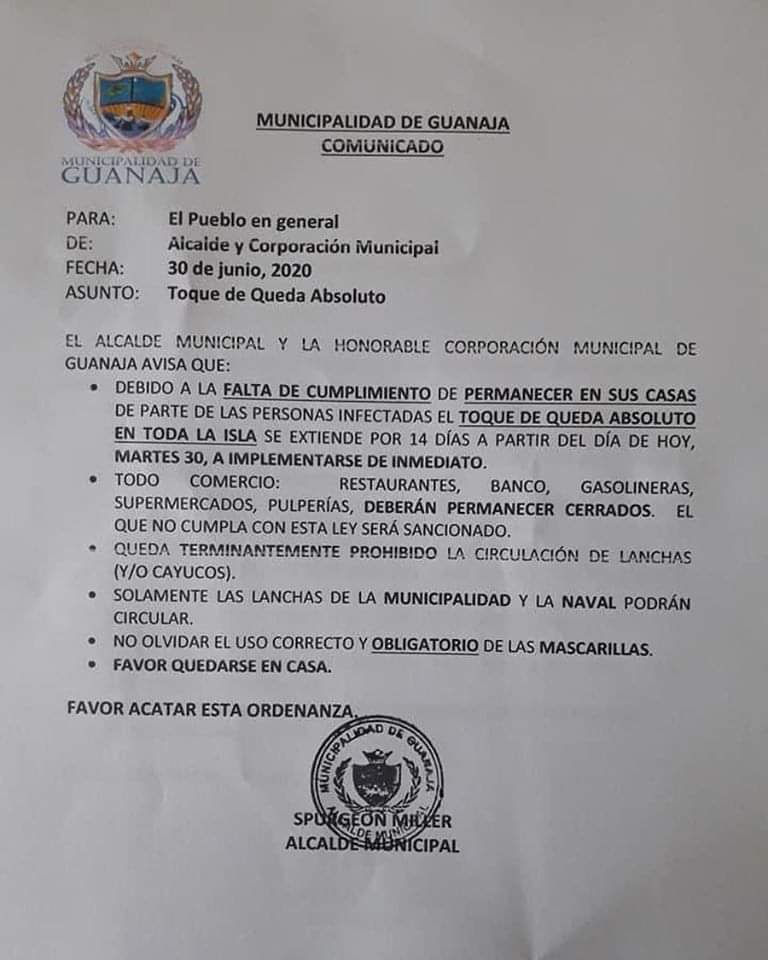 Cierre absoluto de la isla de Guanaja por 14 días