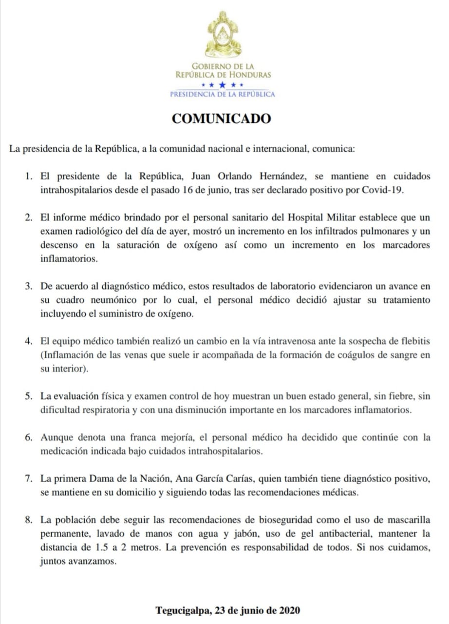 Hospital Militar: mejora estado de salud del presidente Hernández