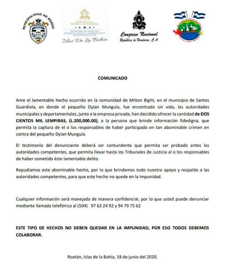 Recompensa de L 200 mil por información de asesinos de niño en Roatán