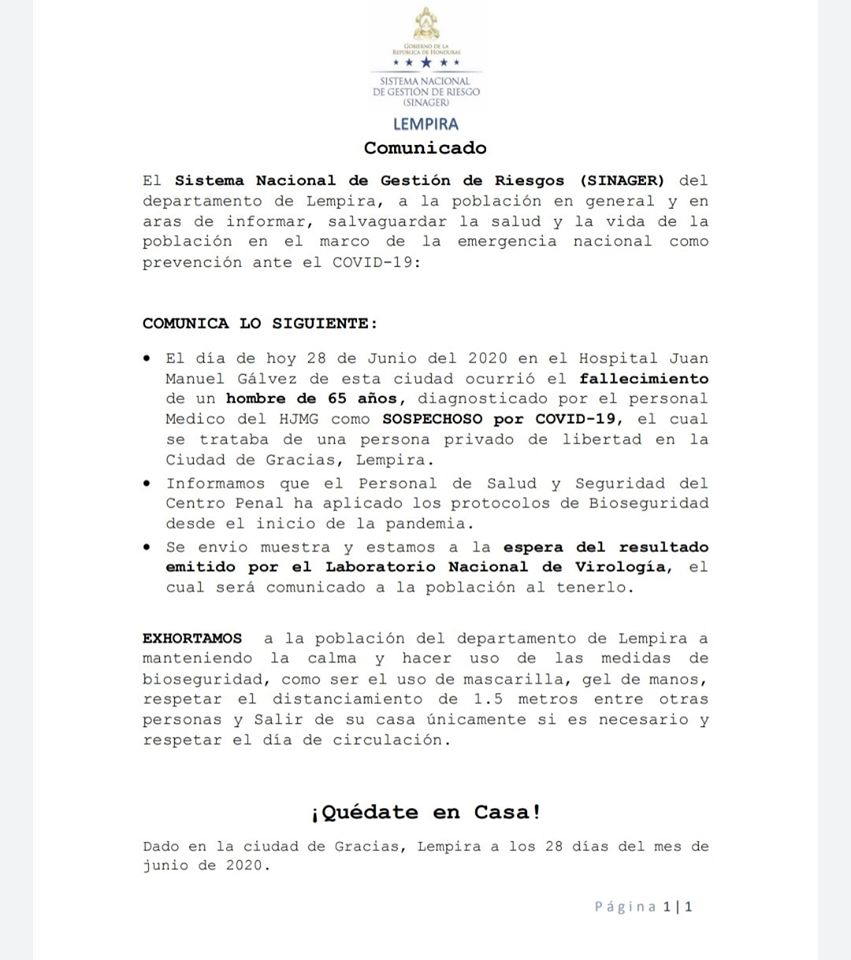 Reo muere por sospecha de COVID-19 en Gracias, Lempira