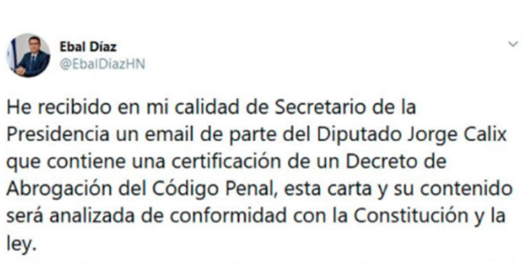 Cálix manda certificación de abrogación a Ejecutivo para publicar en La Gaceta