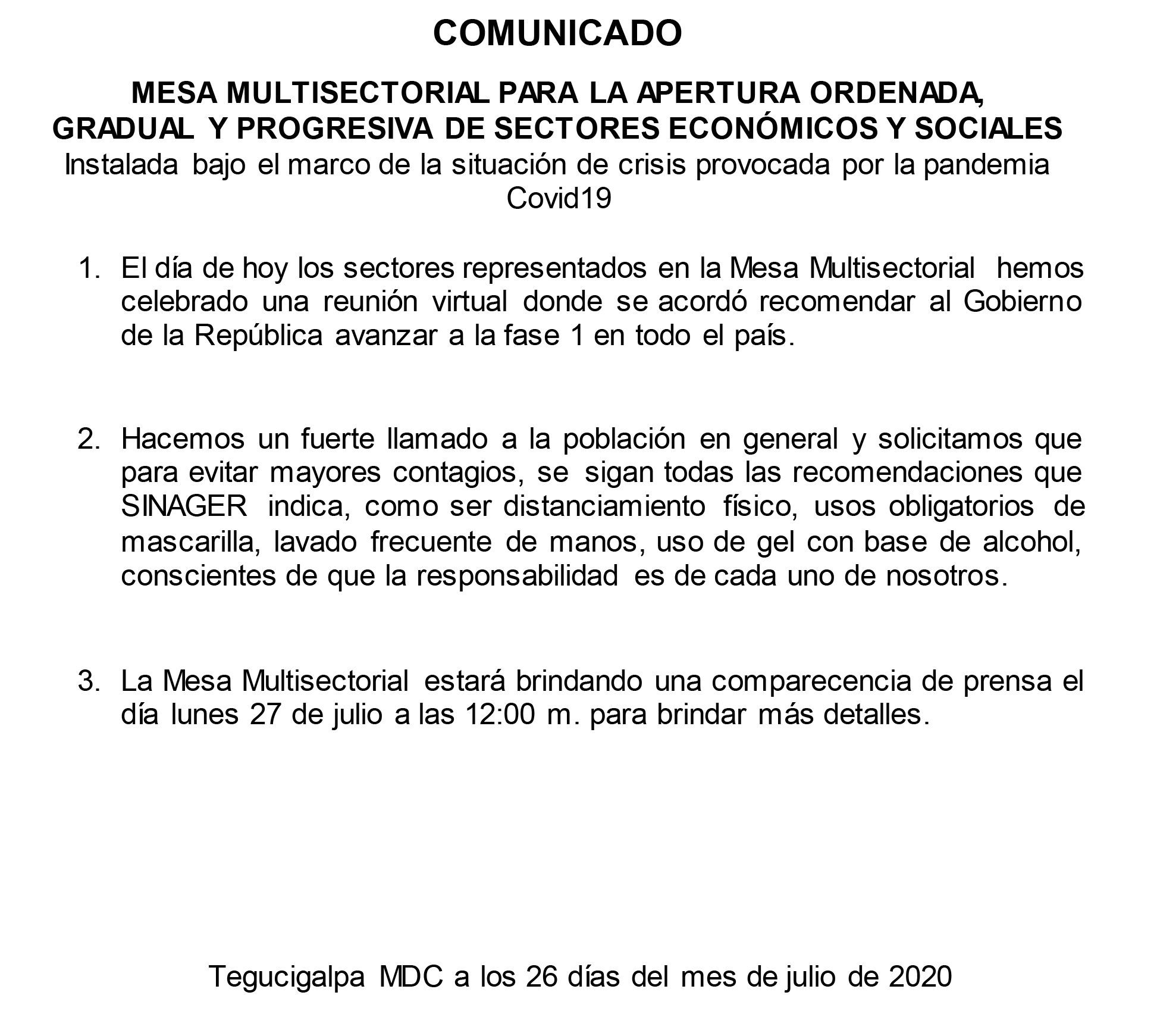 Mesa multisectorial recomienda al gobierno pasar a fase uno