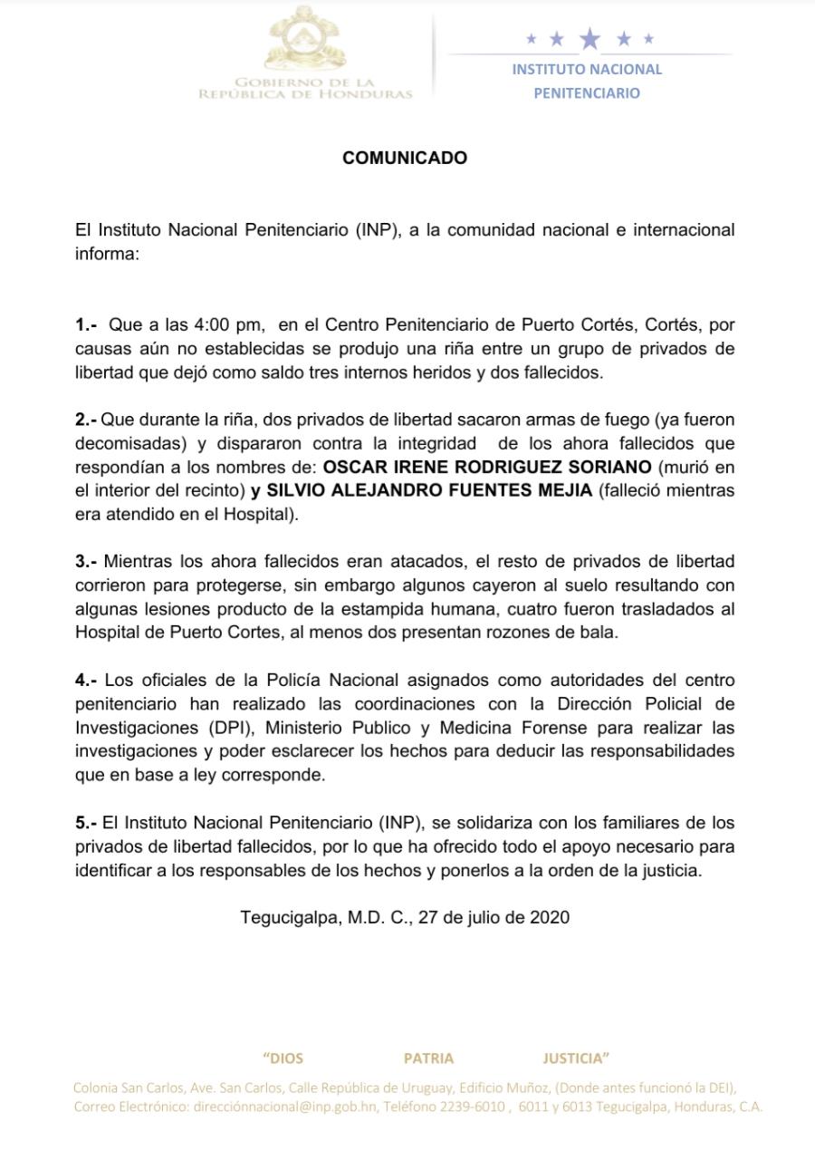 Dos muertos deja balacera en el interior del centro penal de Puerto Cortés