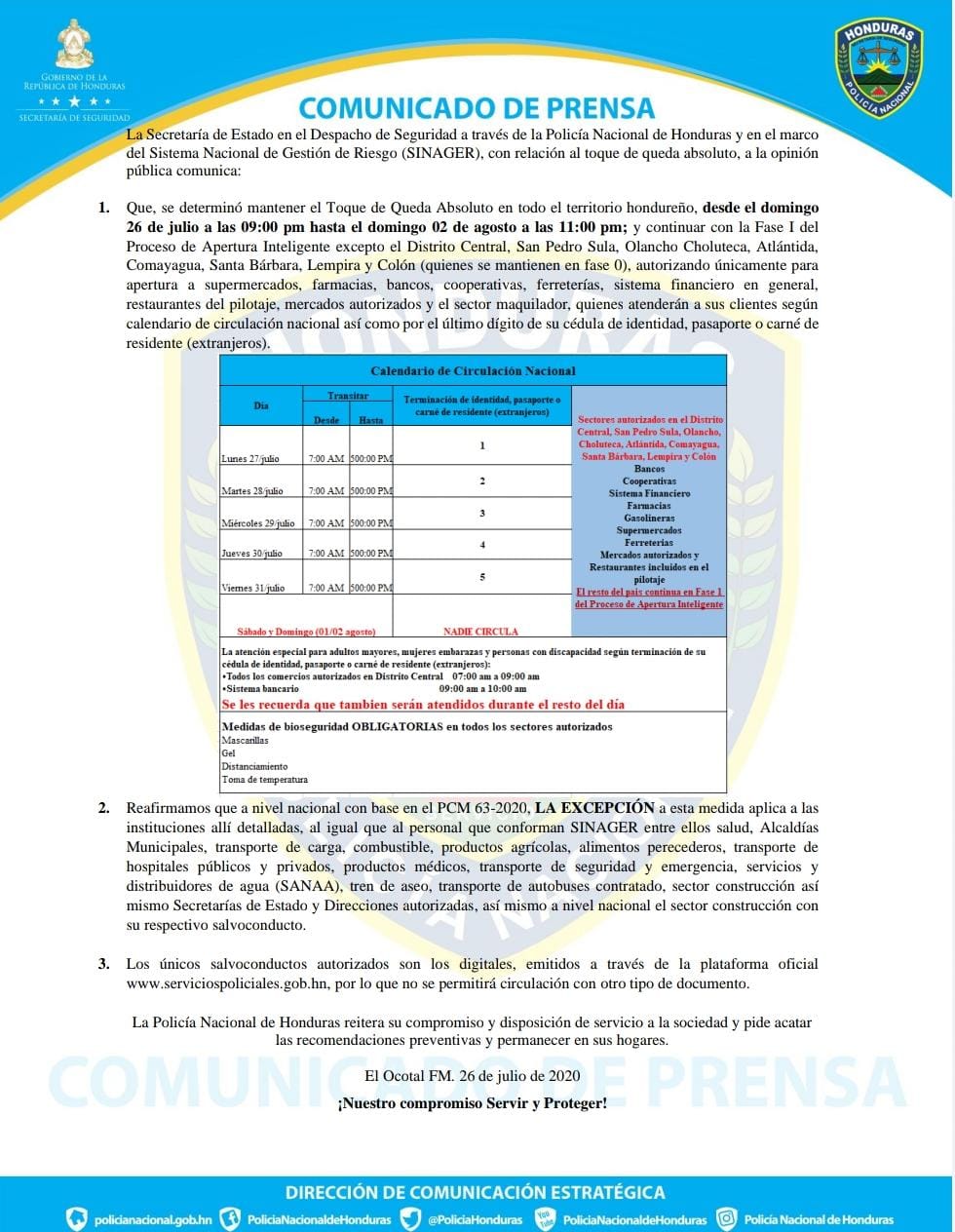 Sinager extiende alerta roja y toque de queda hasta el 2 de agosto