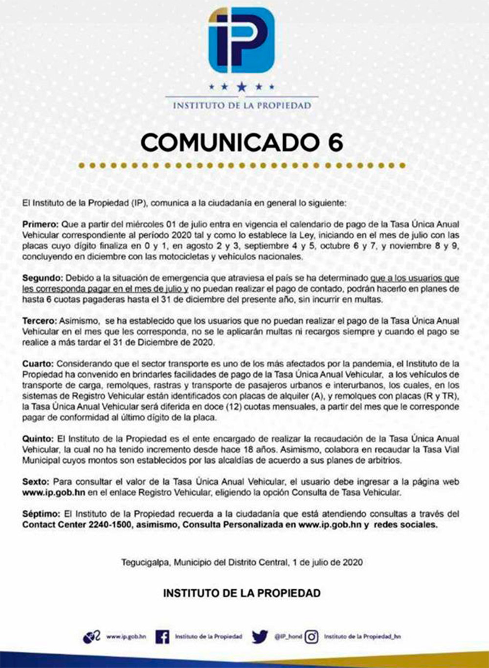 IP: Hoy entra en vigencia calendario de pago de la Tasa Única Anual Vehicular