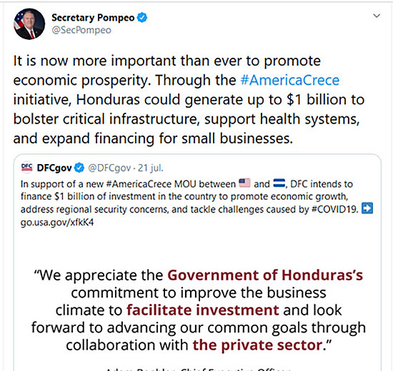 Secretario Pompeo: Honduras podría generar hasta $1 mil millones para reforzar la infraestructura crítica
