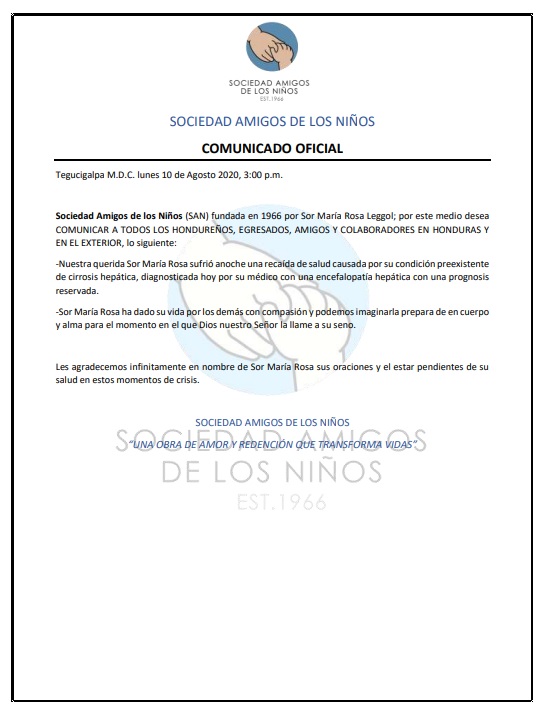 Sor María Rosa sufre recaída en su salud
