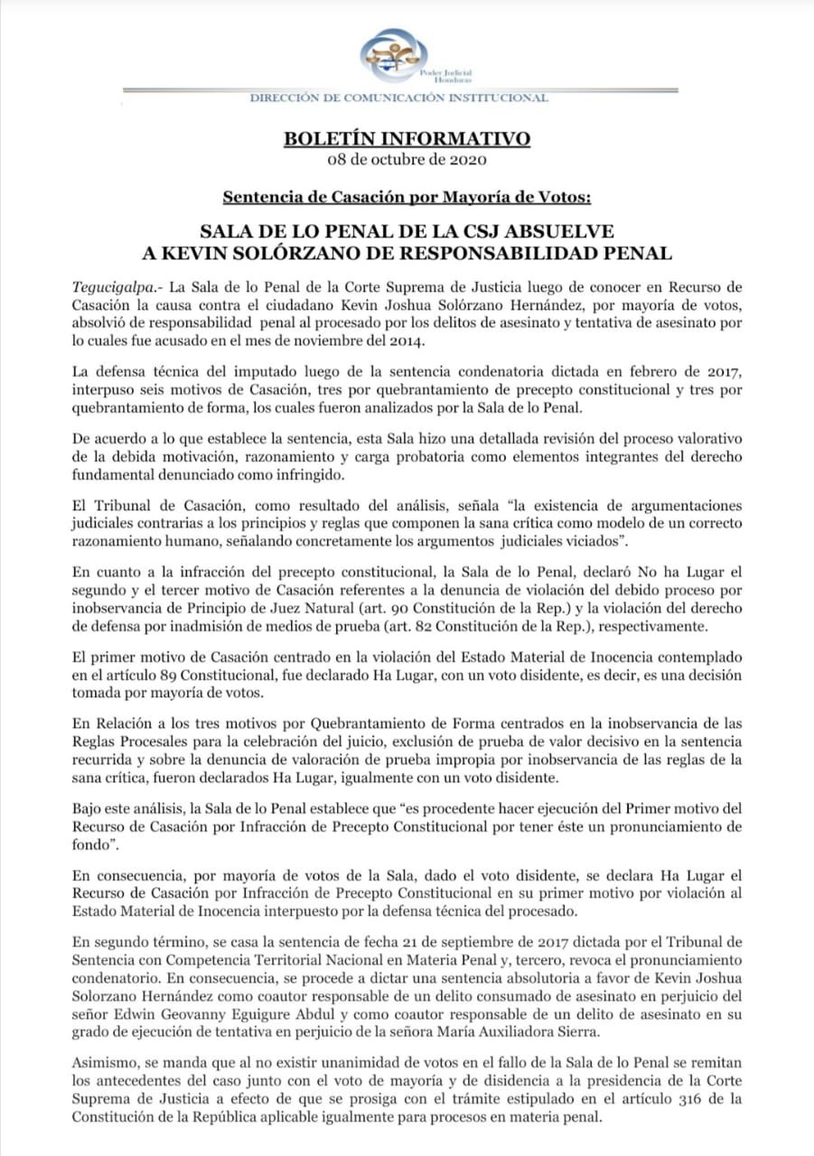 Sala Penal absuelve de responsabilidad a Kevin Solórzano