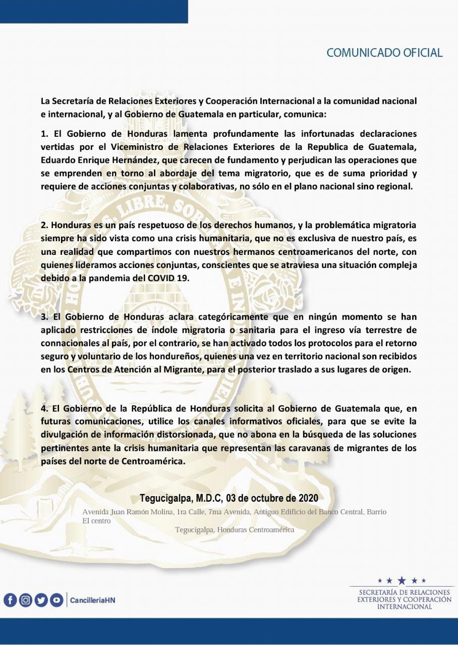 Honduras lamenta las declaraciones de vicecanciller guatemalteco