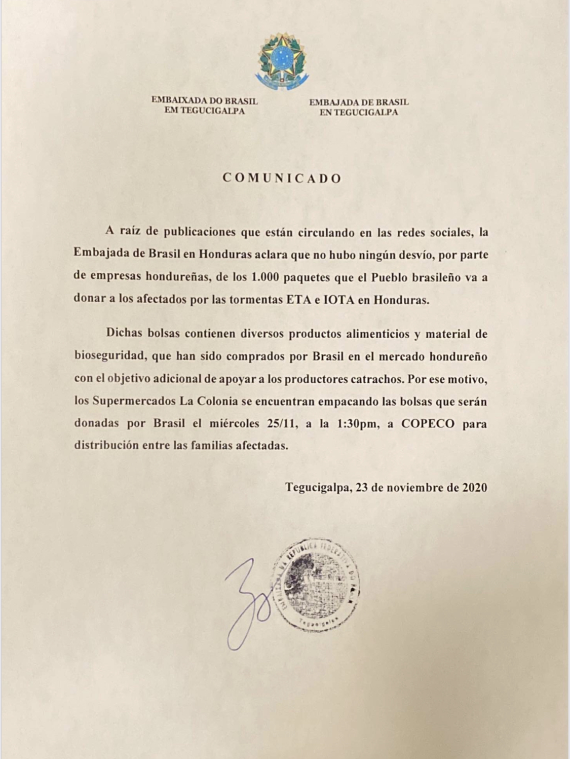 Embajada de Brasil aclara sobre donación a damnificados