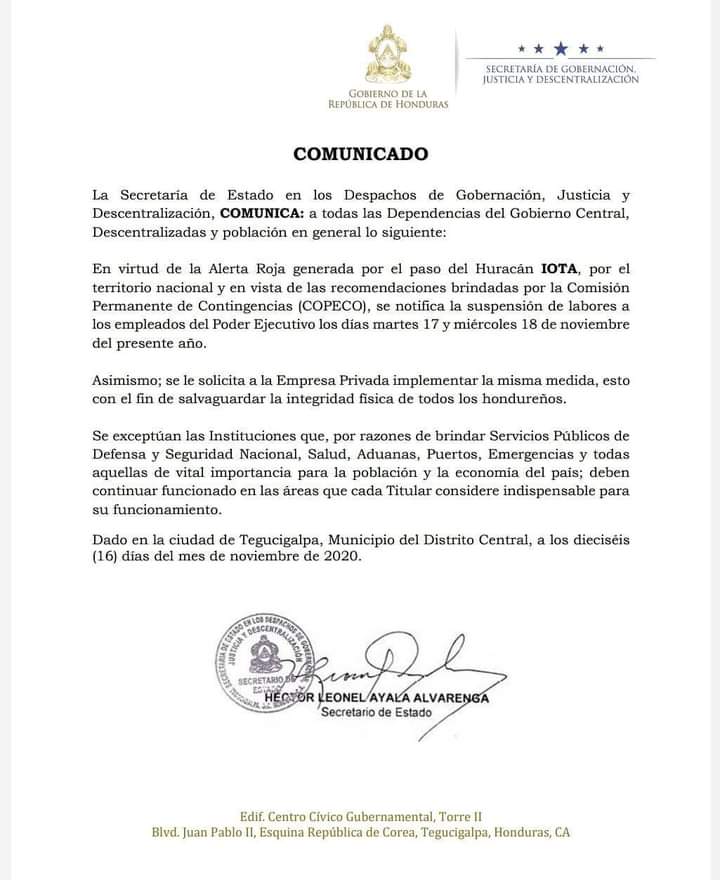 Gobierno suspende labores en sector público y privado ante amenaza de huracán "Iota"
