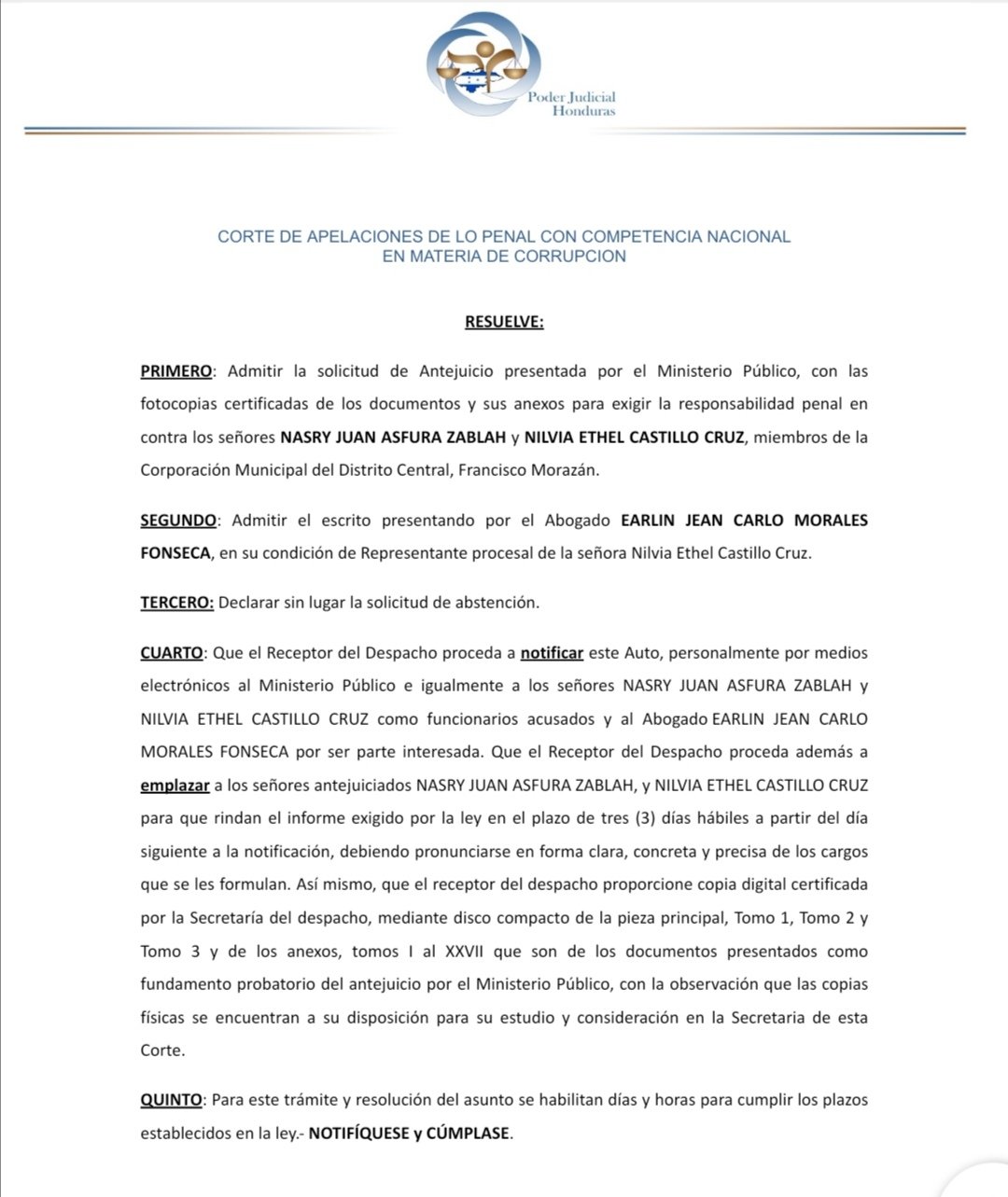 Admiten solicitud de antejuicio contra el alcalde Nasry Asfura y regidora