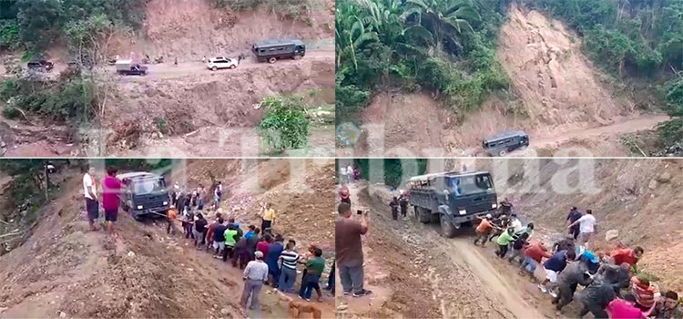 Con lazos pobladores logran subir camiones con víveres hasta la aldea El Pino (Video)