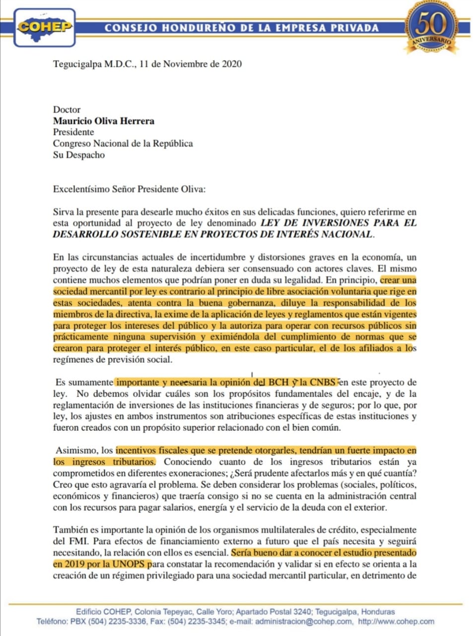COHEP solicita al CN escuchar la opinión del BCH y CNBS sobre anteproyecto de ley