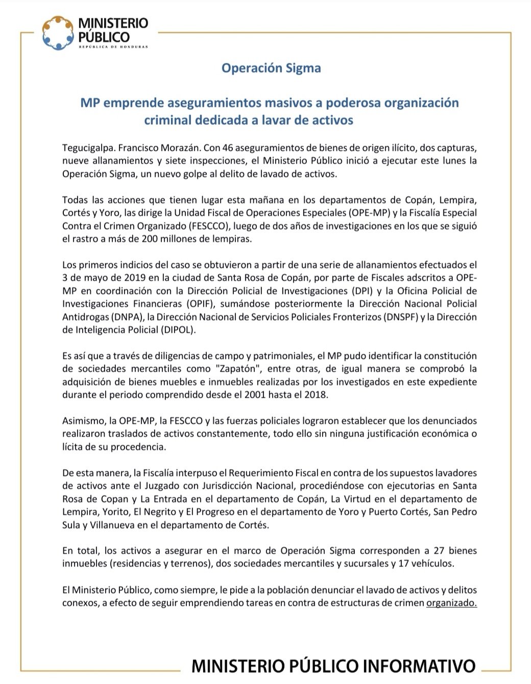 Aseguran bienes en operación Sigma y siguen el rastro de más de 200 millones de lempiras