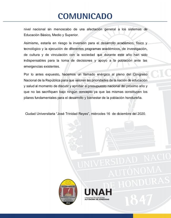 UNAH: comunicado sobre  recorte presupuestario
