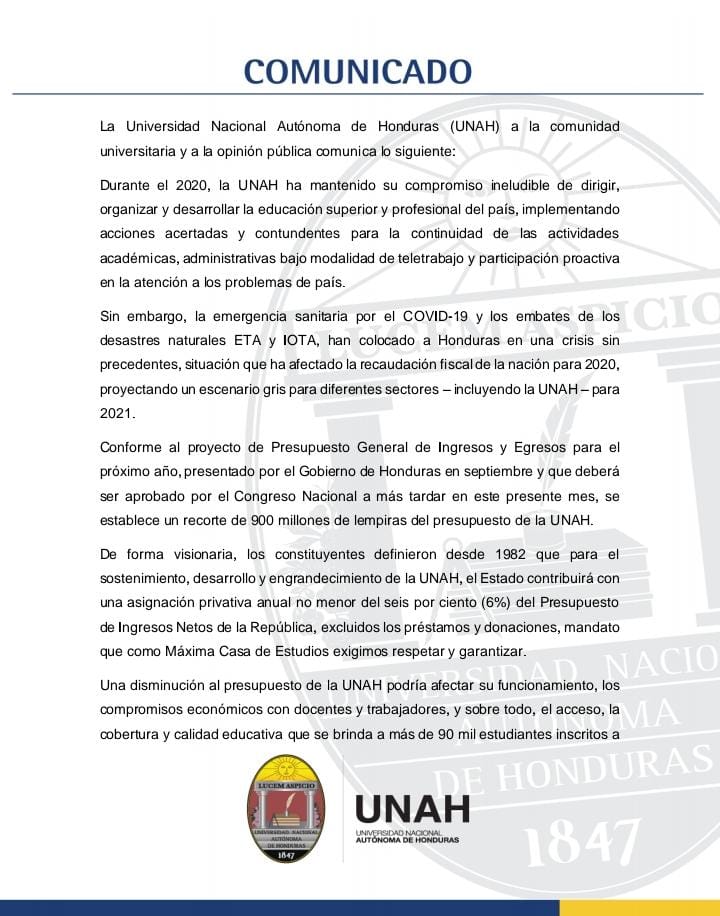 UNAH: comunicado sobre  recorte presupuestario