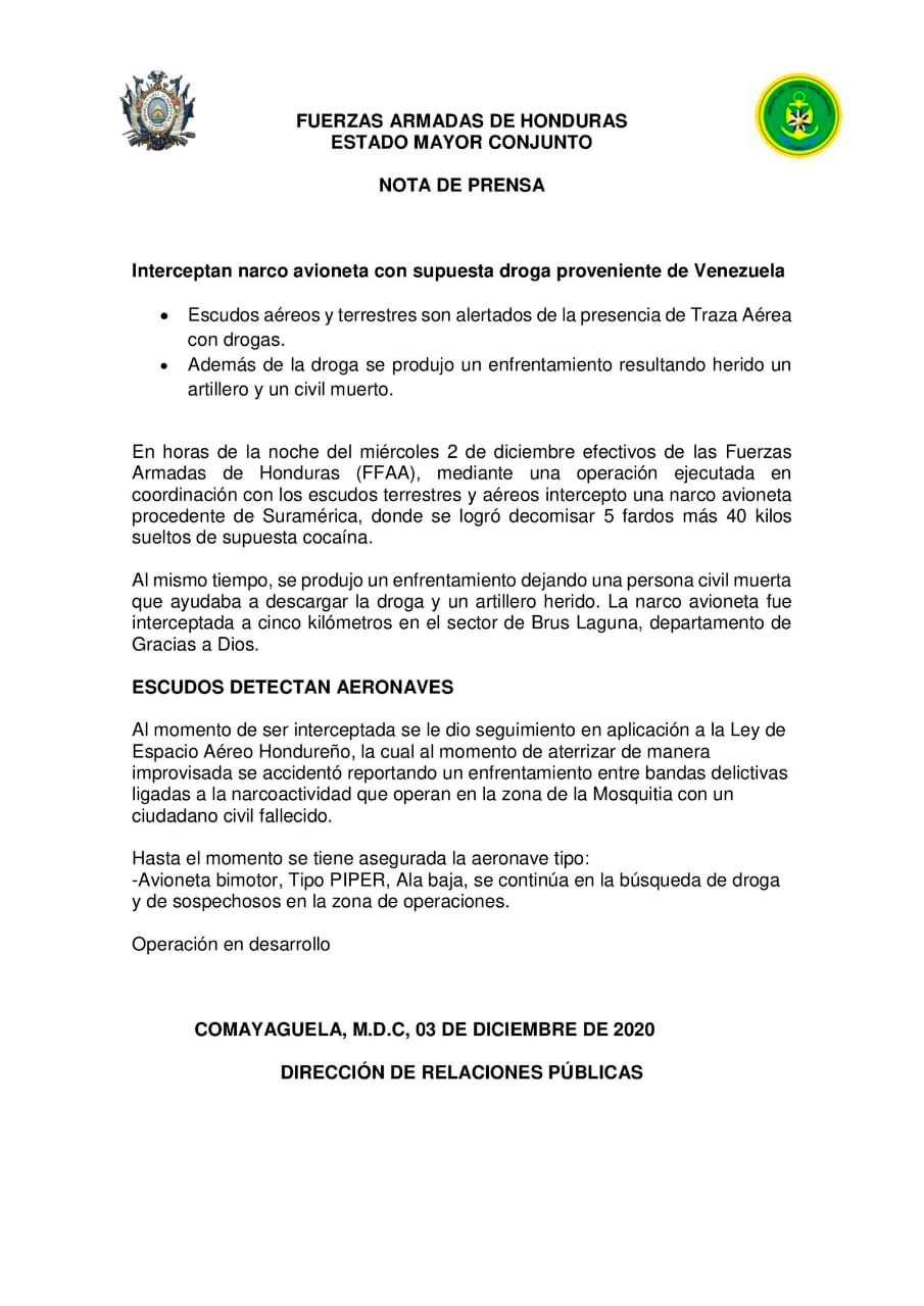 José Coello: Aeronave incautada en La Mosquitia se hizo pasar por ayuda humanitaria