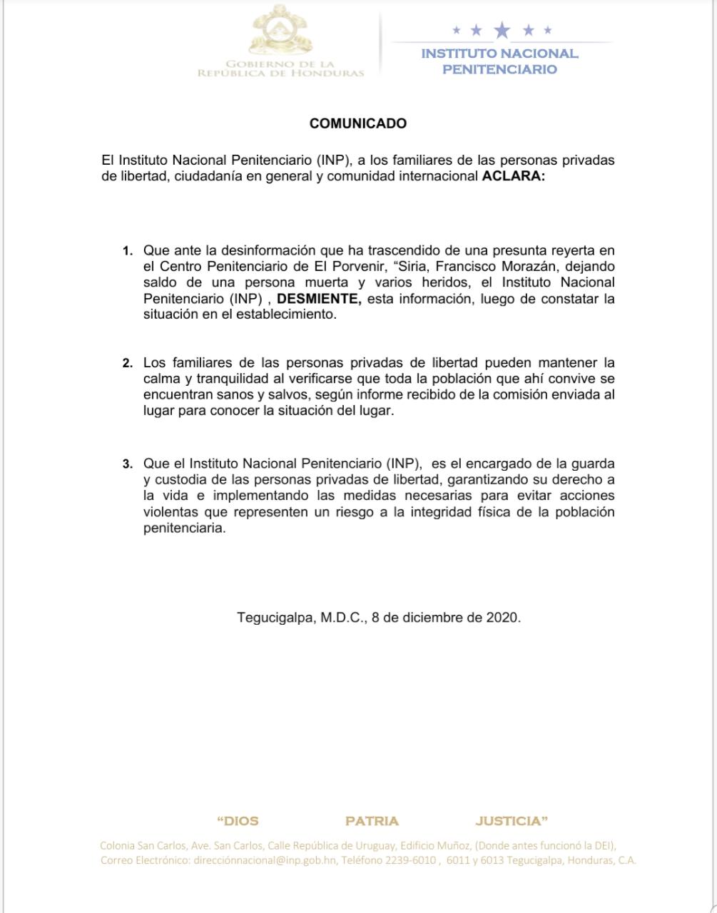 INP descarta amotinamiento en centro penal de El Porvenir
